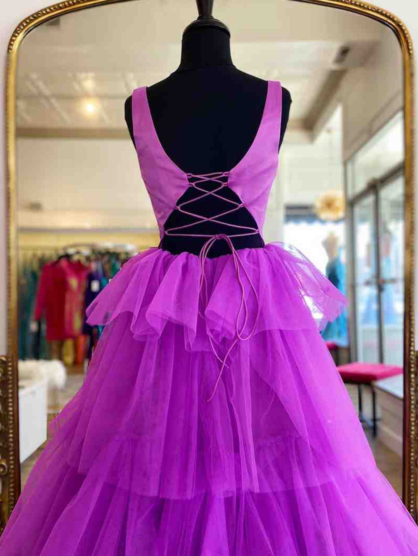 A Line Ruffles Purple Tulle Long Prom Dress - Prom Dress - DINIBLO 