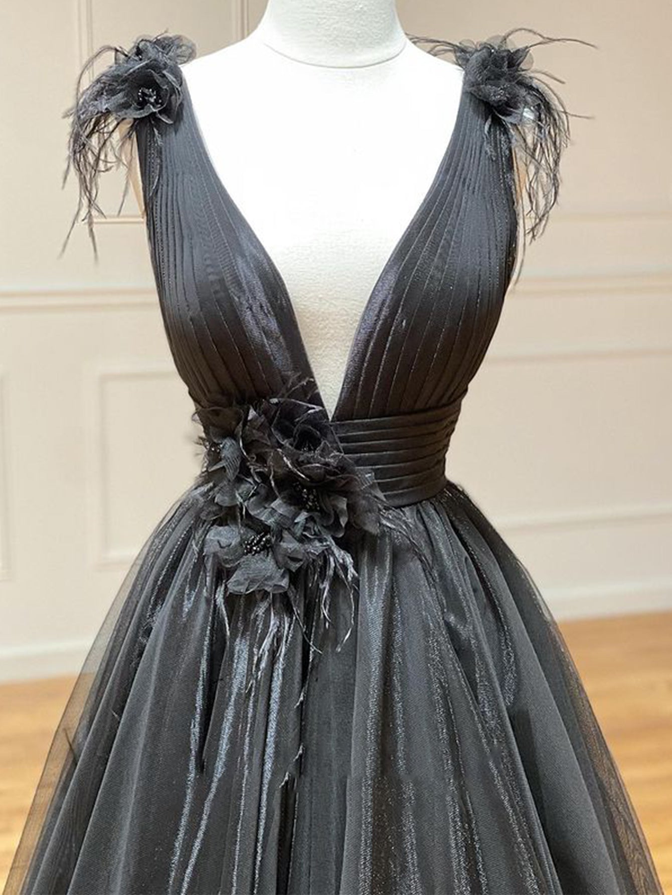 A Line Black V Neck Tulle Long Prom Dress - Prom Dress - DINIBLO 