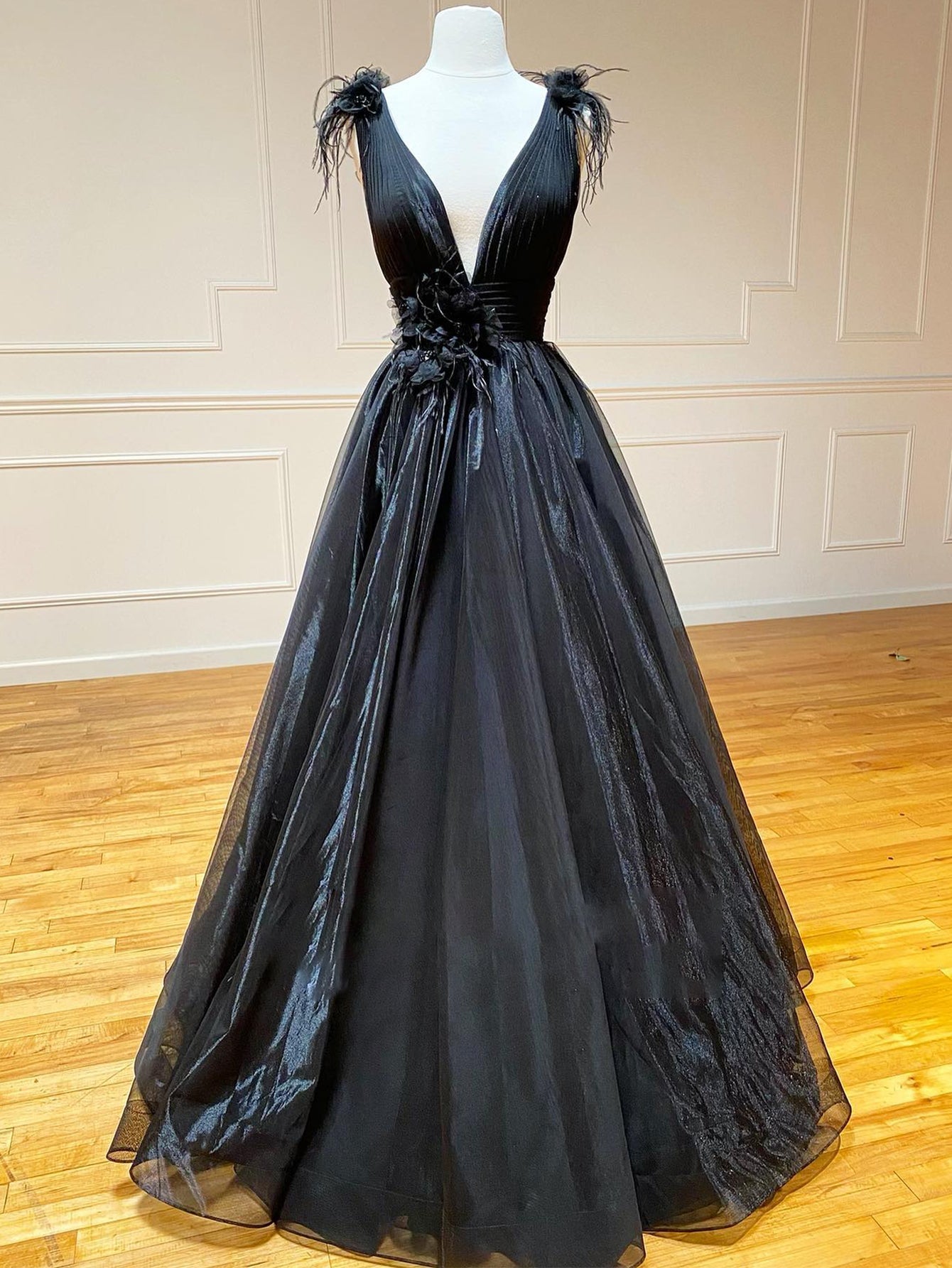 A Line Black V Neck Tulle Long Prom Dress - Prom Dress - DINIBLO 