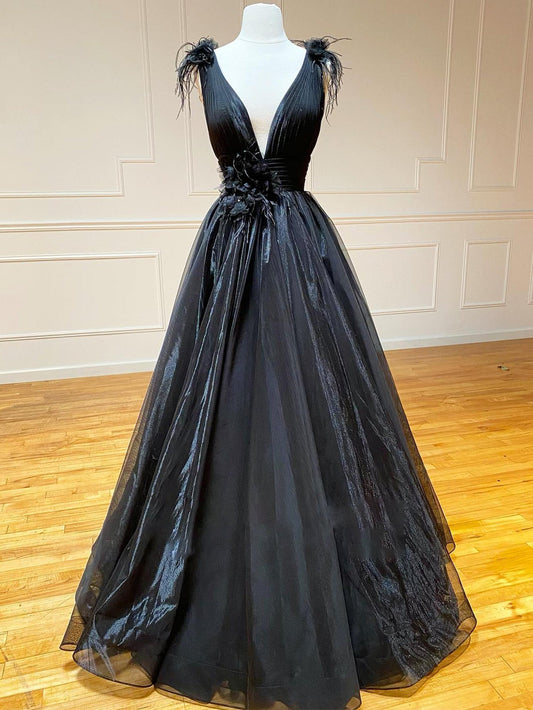 A Line Black V Neck Tulle Long Prom Dress - Prom Dress - DINIBLO 