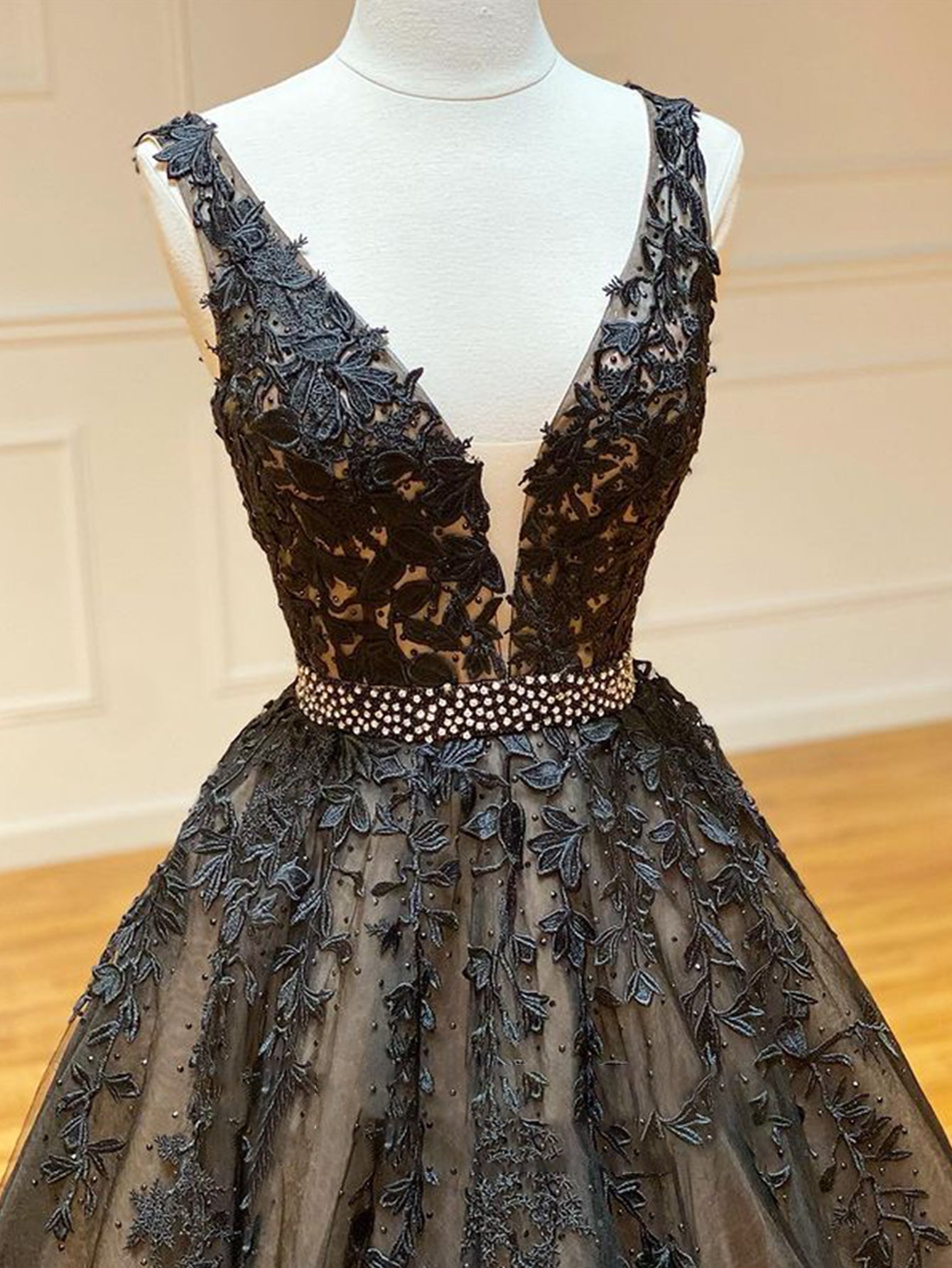 A Line Black V Neck Lace Long Prom Dress - Prom Dress - DINIBLO 