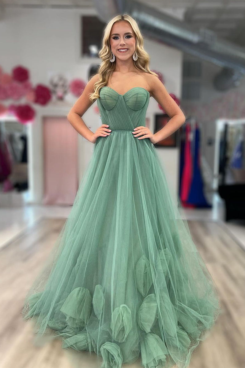 Green Strapless A-Line Tulle Long Prom Dresses - Prom Dress - DINIBLO 