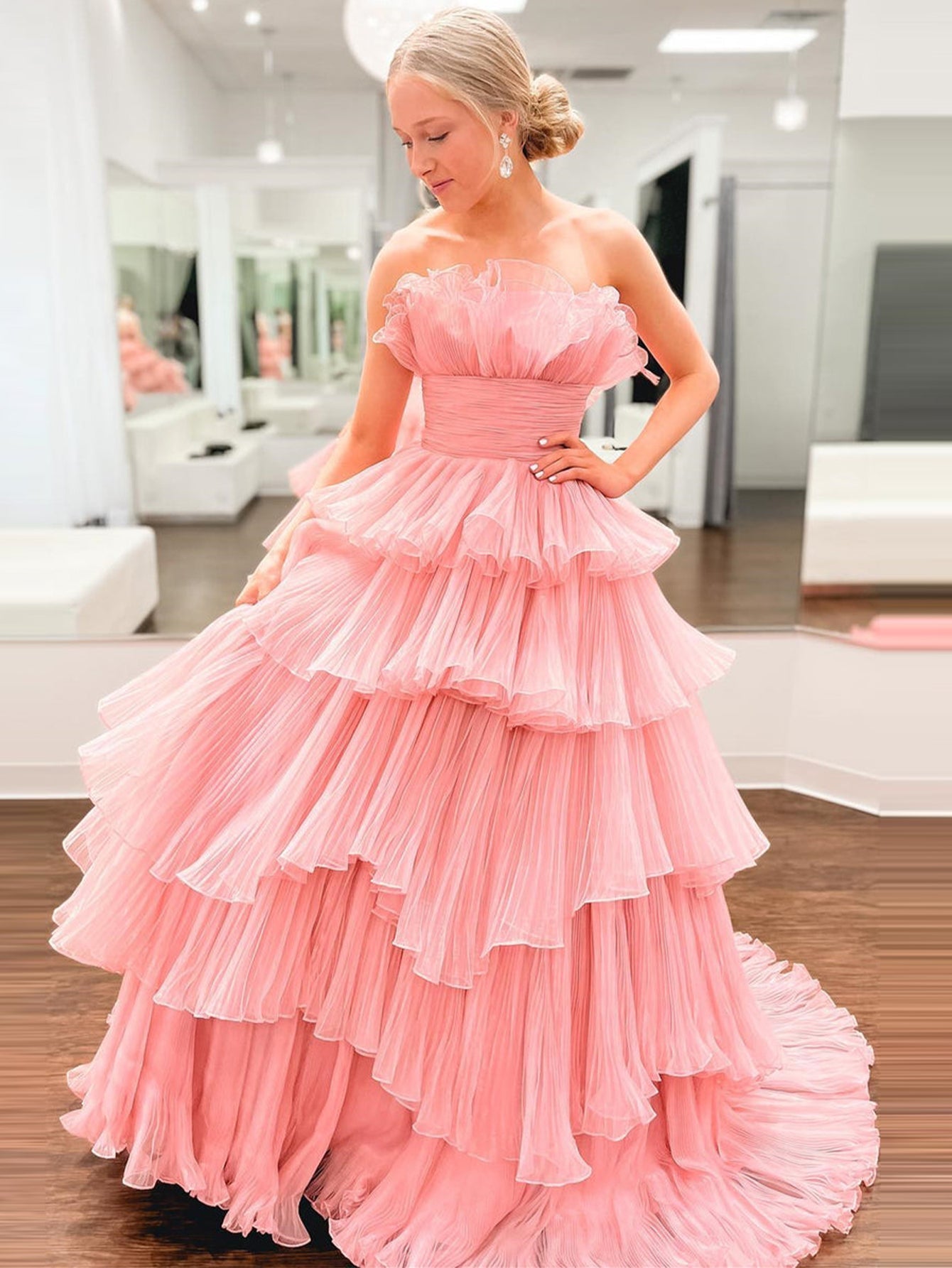 Vanessa |Strapless A-Line Tiered Crinkled Tulle Prom Dress - Prom Dress - DINIBLO 