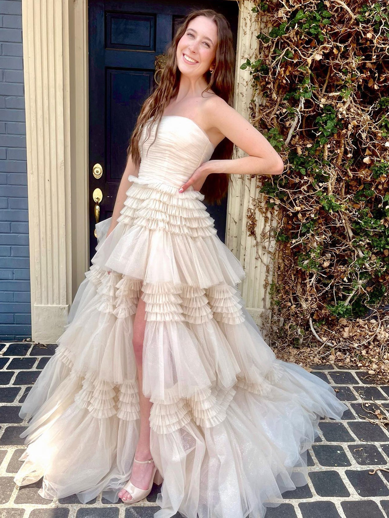 Daniela |A-Line Strapless Tulle Long Prom Dress with Tiered Ruffles - Prom Dress - DINIBLO 