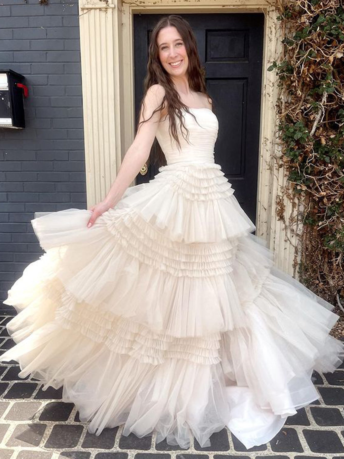 Daniela |A-Line Strapless Tulle Long Prom Dress with Tiered Ruffles - Prom Dress - DINIBLO 