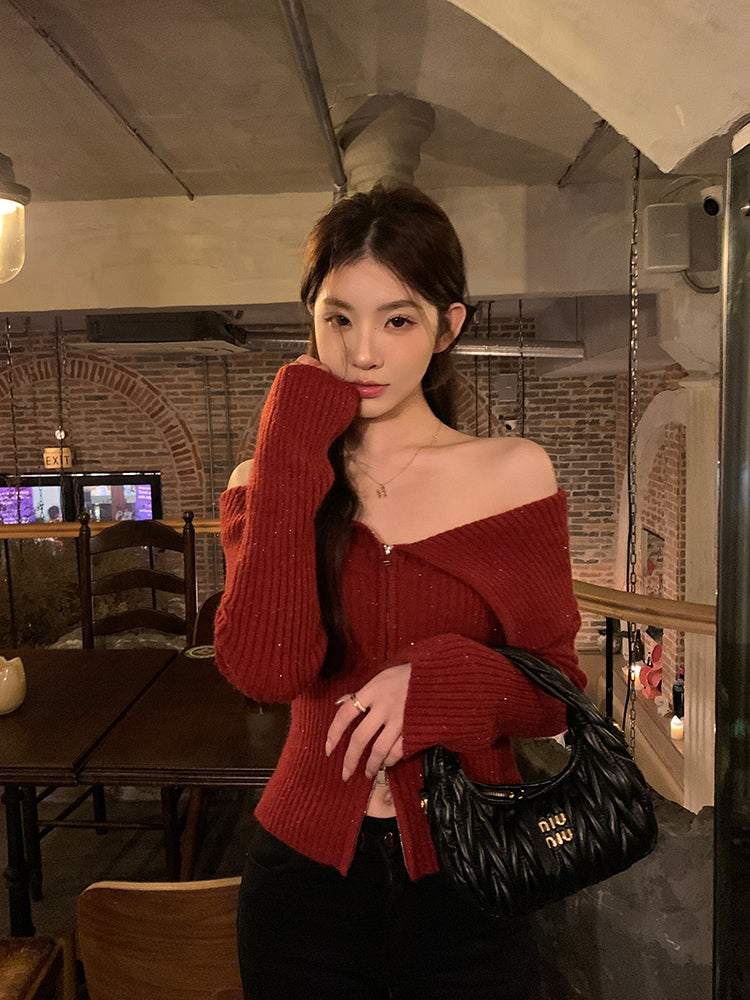 Sensual Off-Shoulder Sweater: Your Stylish Winter Knit with Exposed Collar and Atmosphere -  - DINIBLO 