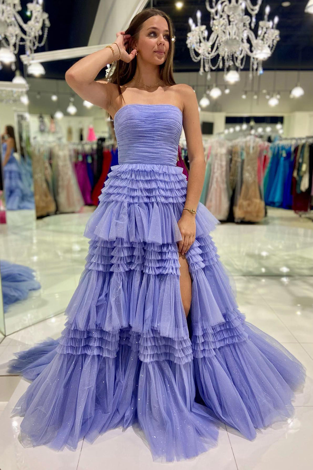 Daniela |A-Line Strapless Tulle Long Prom Dress with Tiered Ruffles - Prom Dress - DINIBLO 