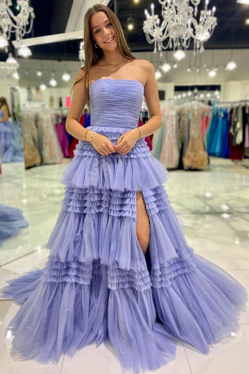 Daniela |A-Line Strapless Tulle Long Prom Dress with Tiered Ruffles - Prom Dress - DINIBLO 