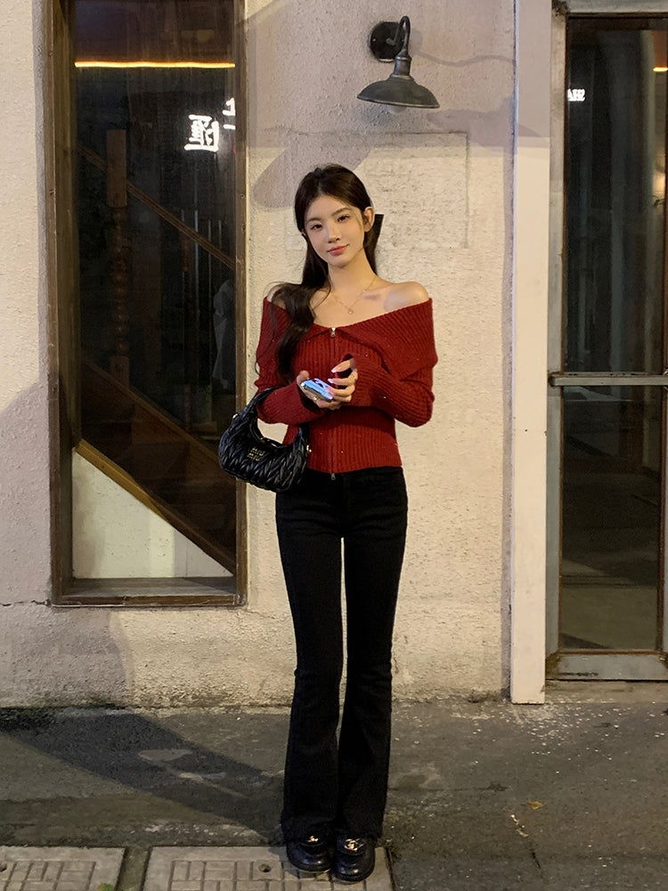 Sensual Off-Shoulder Sweater: Your Stylish Winter Knit with Exposed Collar and Atmosphere -  - DINIBLO 