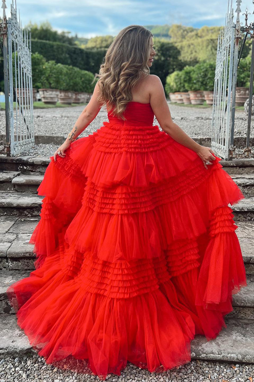 Daniela |A-Line Strapless Tulle Long Prom Dress with Tiered Ruffles - Prom Dress - DINIBLO 