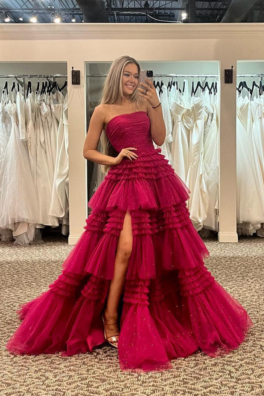 Daniela |A-Line Strapless Tulle Long Prom Dress with Tiered Ruffles - Prom Dress - DINIBLO 