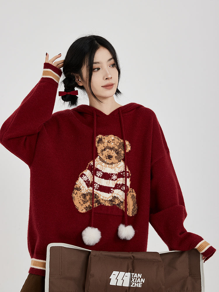 Hooded Sweater for Women Loose Cozy Casual Style with Cute Teddy Bear Design Gift for Her Christmas Gift -  - DINIBLO 