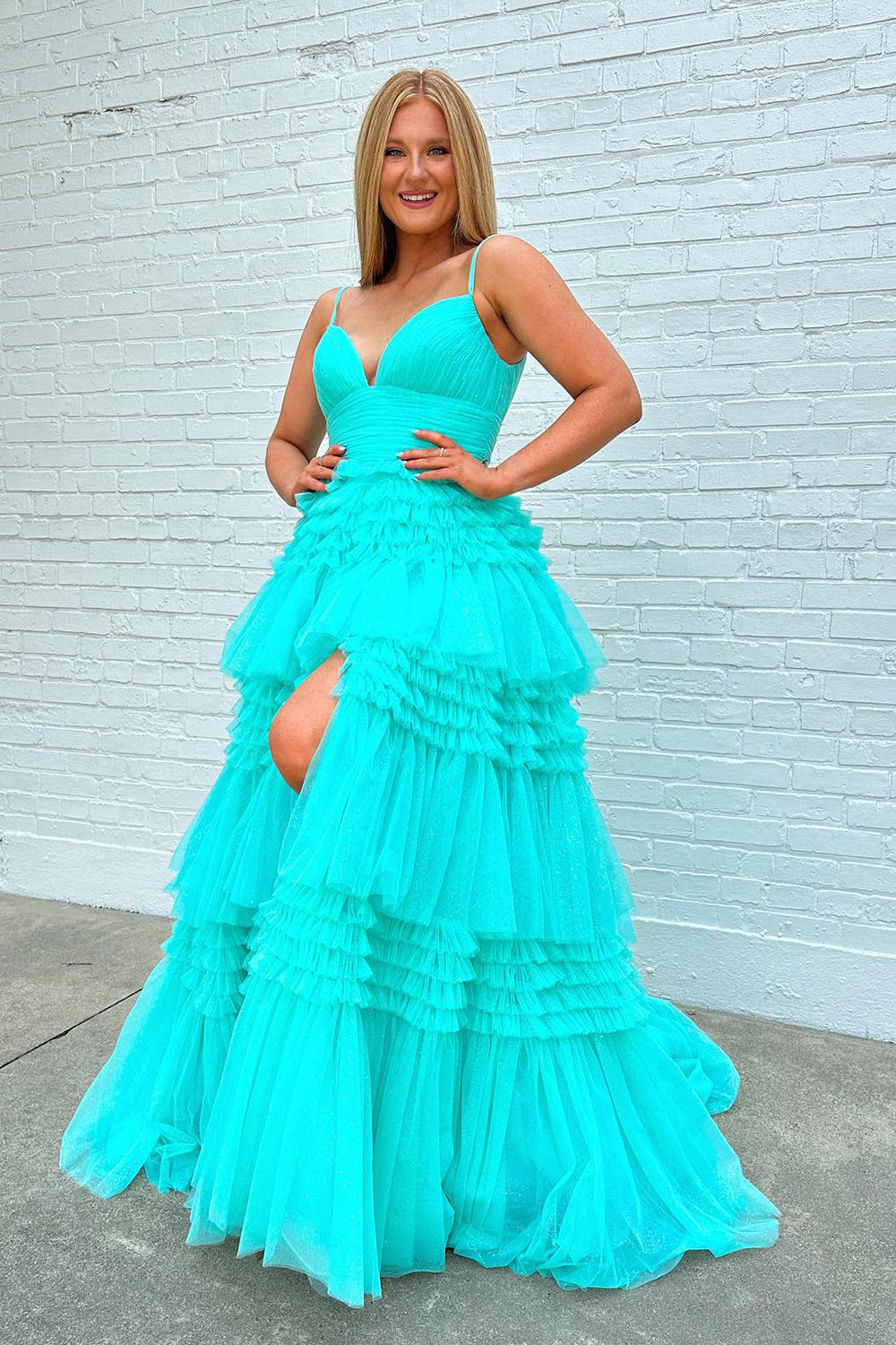 Tulle Deep V Neck Spaghetti Straps Long Prom Dress - Prom Dress - DINIBLO 