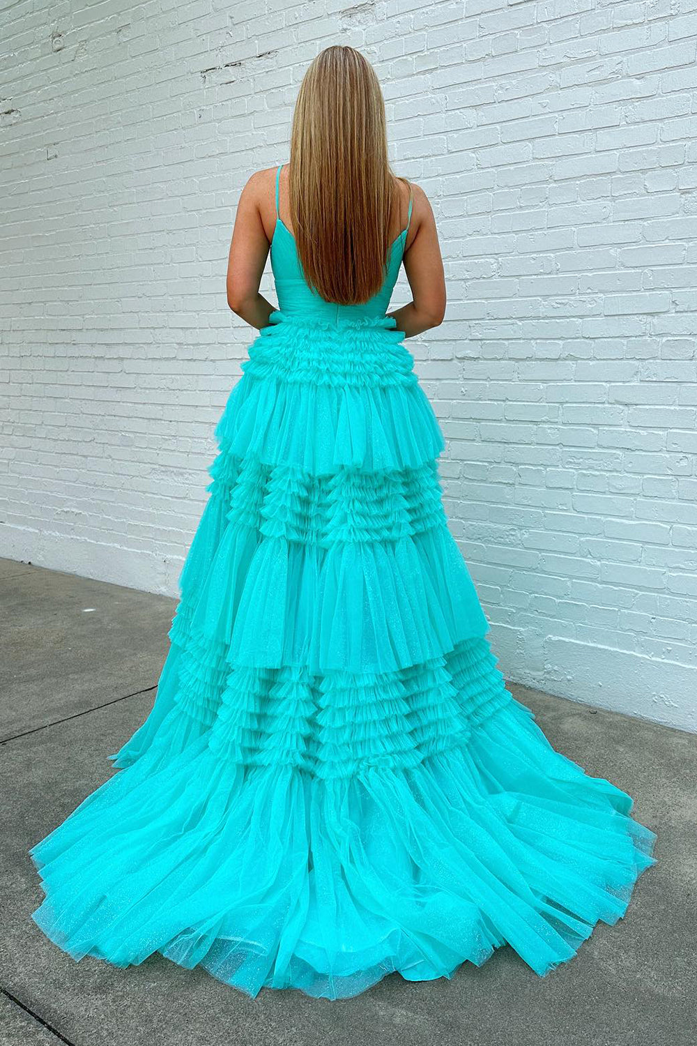 Tulle Deep V Neck Spaghetti Straps Long Prom Dress - Prom Dress - DINIBLO 