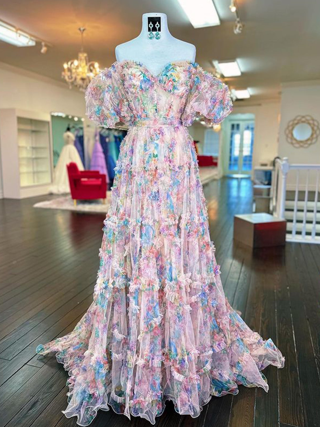 Sydney |A Line Sweetheart Printed Tulle Long Prom Dress - Prom Dress - DINIBLO 