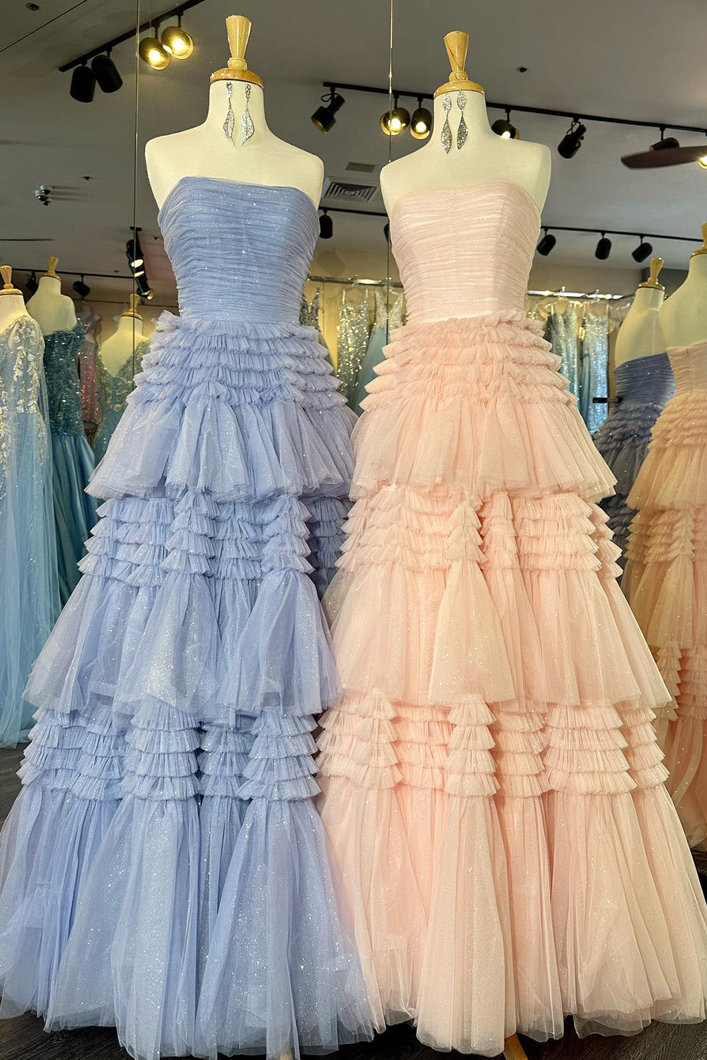 Daniela |A-Line Strapless Tulle Long Prom Dress with Tiered Ruffles - Prom Dress - DINIBLO 