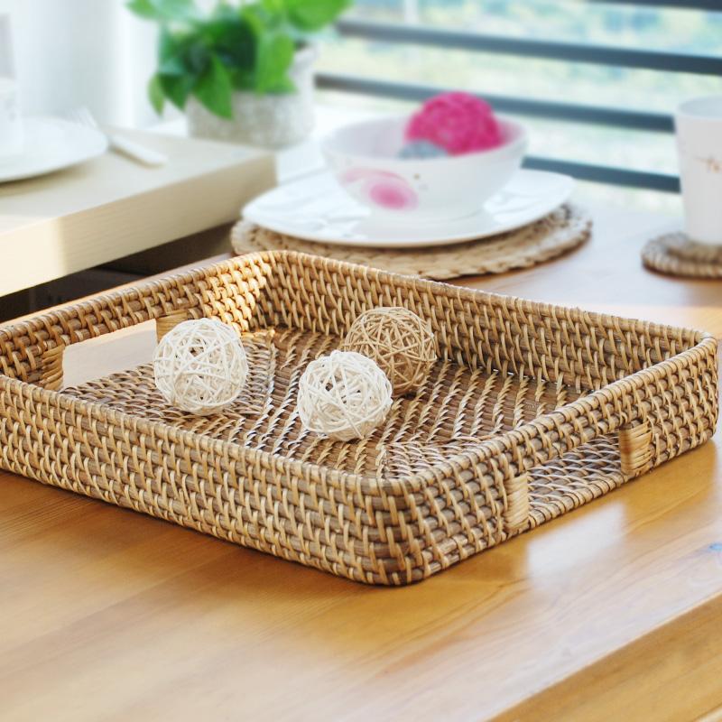 Rustic Rattan Serving Tray Food tray Cheese tray with Handle - Organization > Storage Containers > Storage Baskets & Bins & Boxes - DINIBLO 