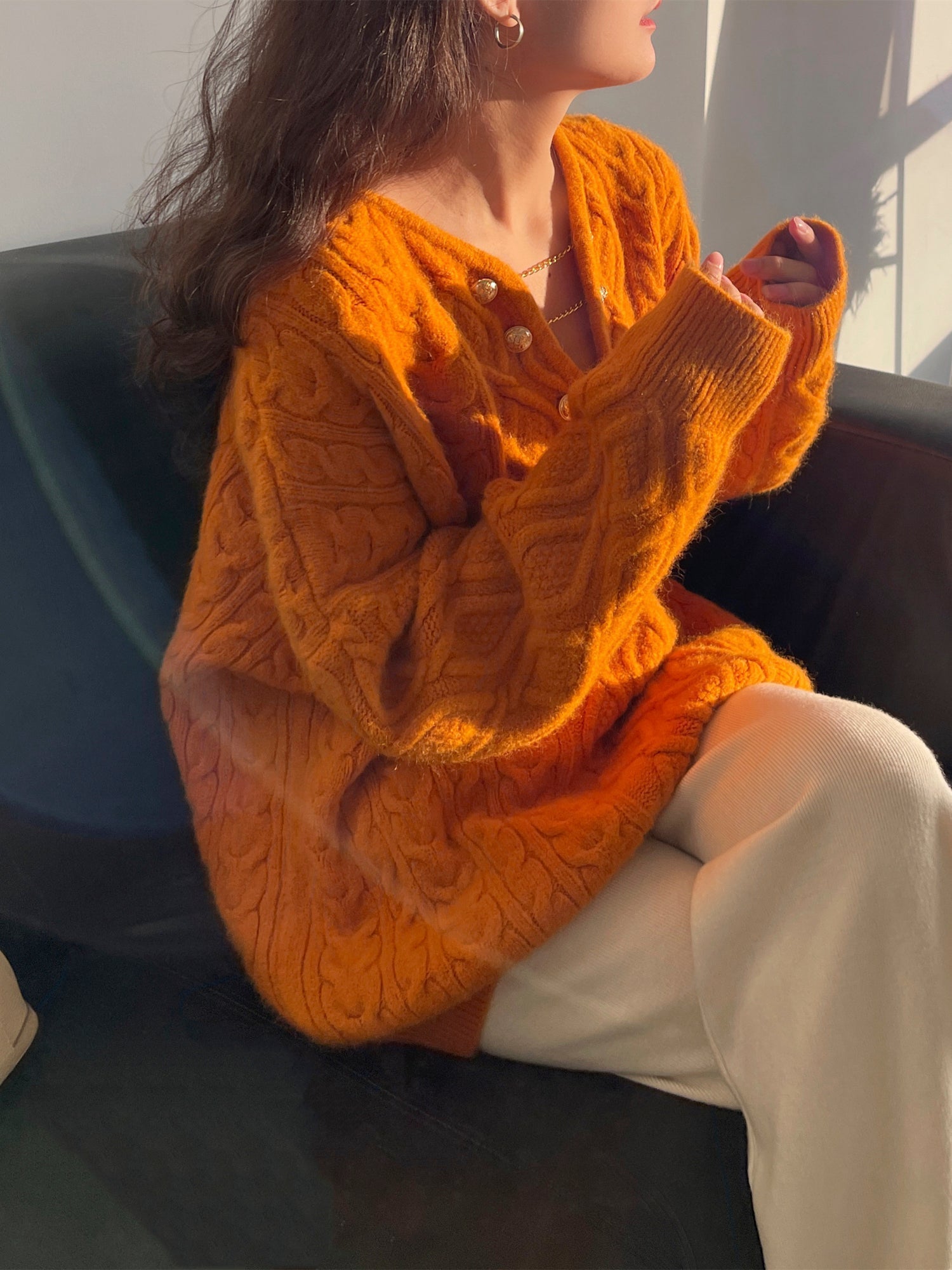 Orange V-Neck Cable Knit Sweater for Women - 2023 Autumn/Winter New Arrival, Elegant and Cozy Pullover for Layering -  - DINIBLO 