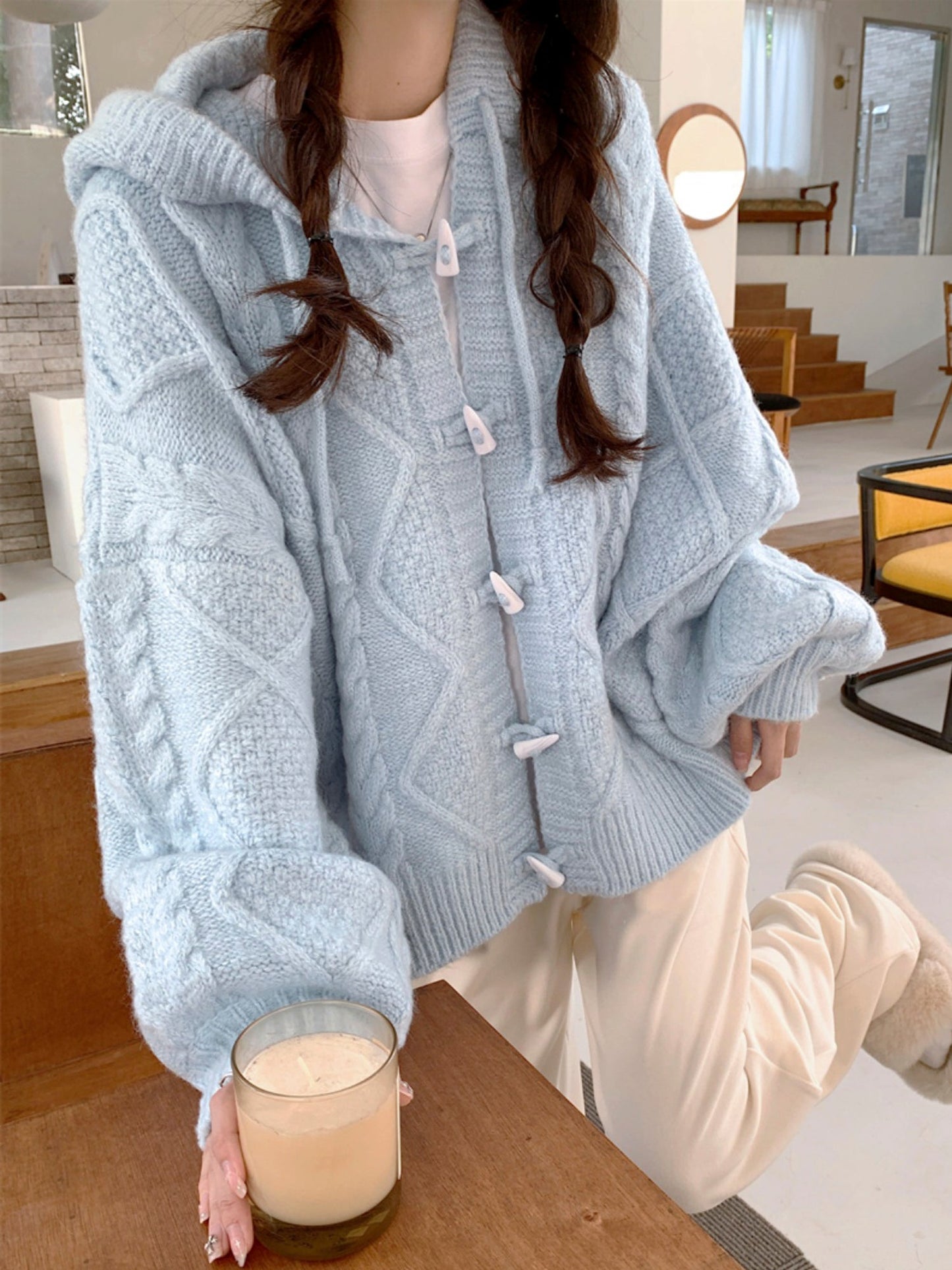 Powder Blue Horn Button Sweater: Embrace Cozy and Casual Style for 2023 Spring and Autumn -  - DINIBLO 