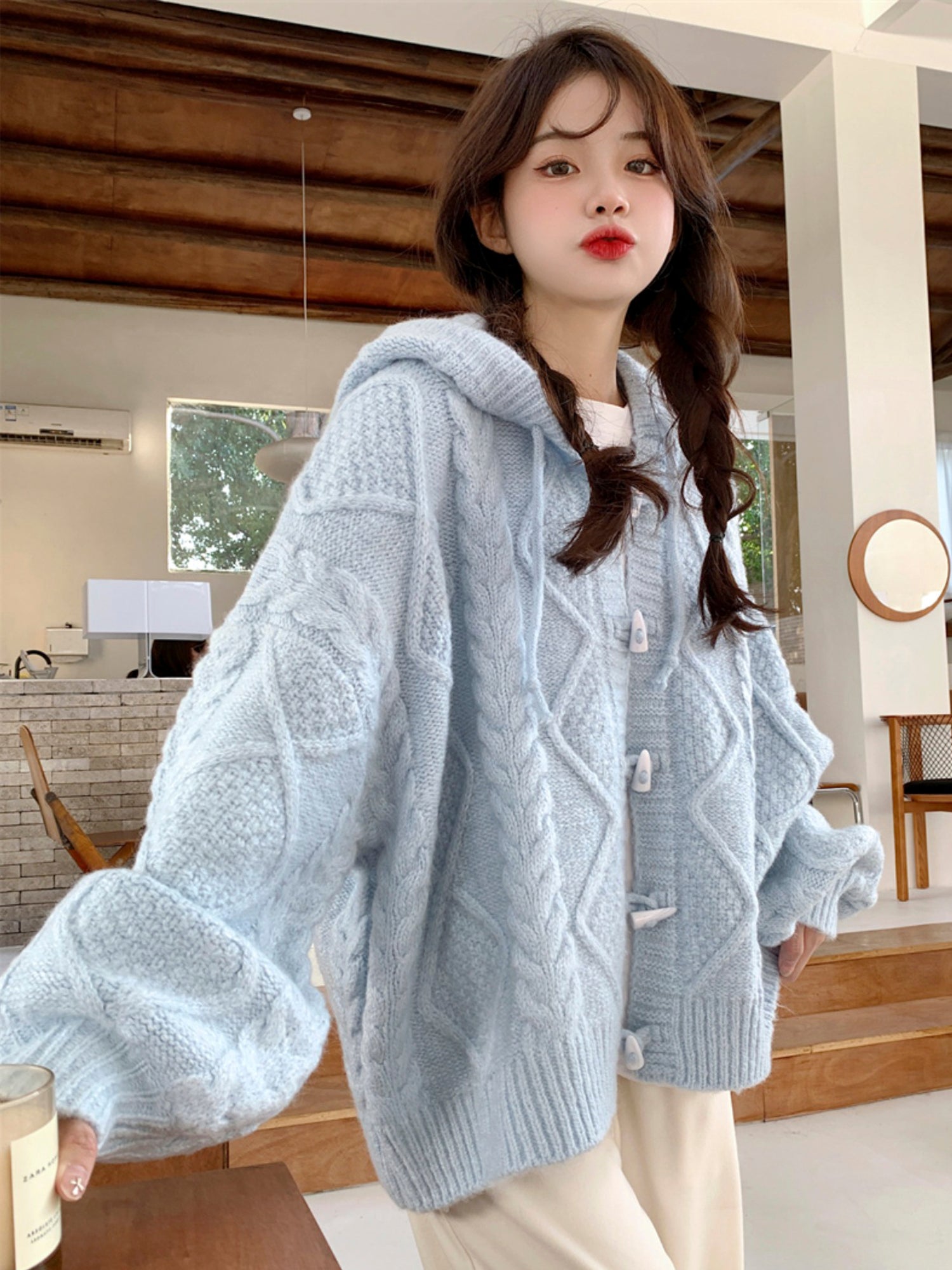 Powder Blue Horn Button Sweater: Embrace Cozy and Casual Style for 2023 Spring and Autumn -  - DINIBLO 