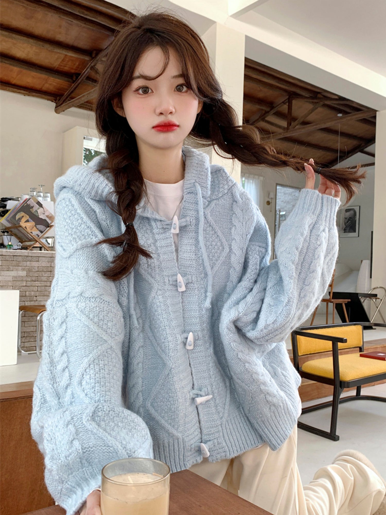 Powder Blue Horn Button Sweater: Embrace Cozy and Casual Style for 2023 Spring and Autumn -  - DINIBLO 