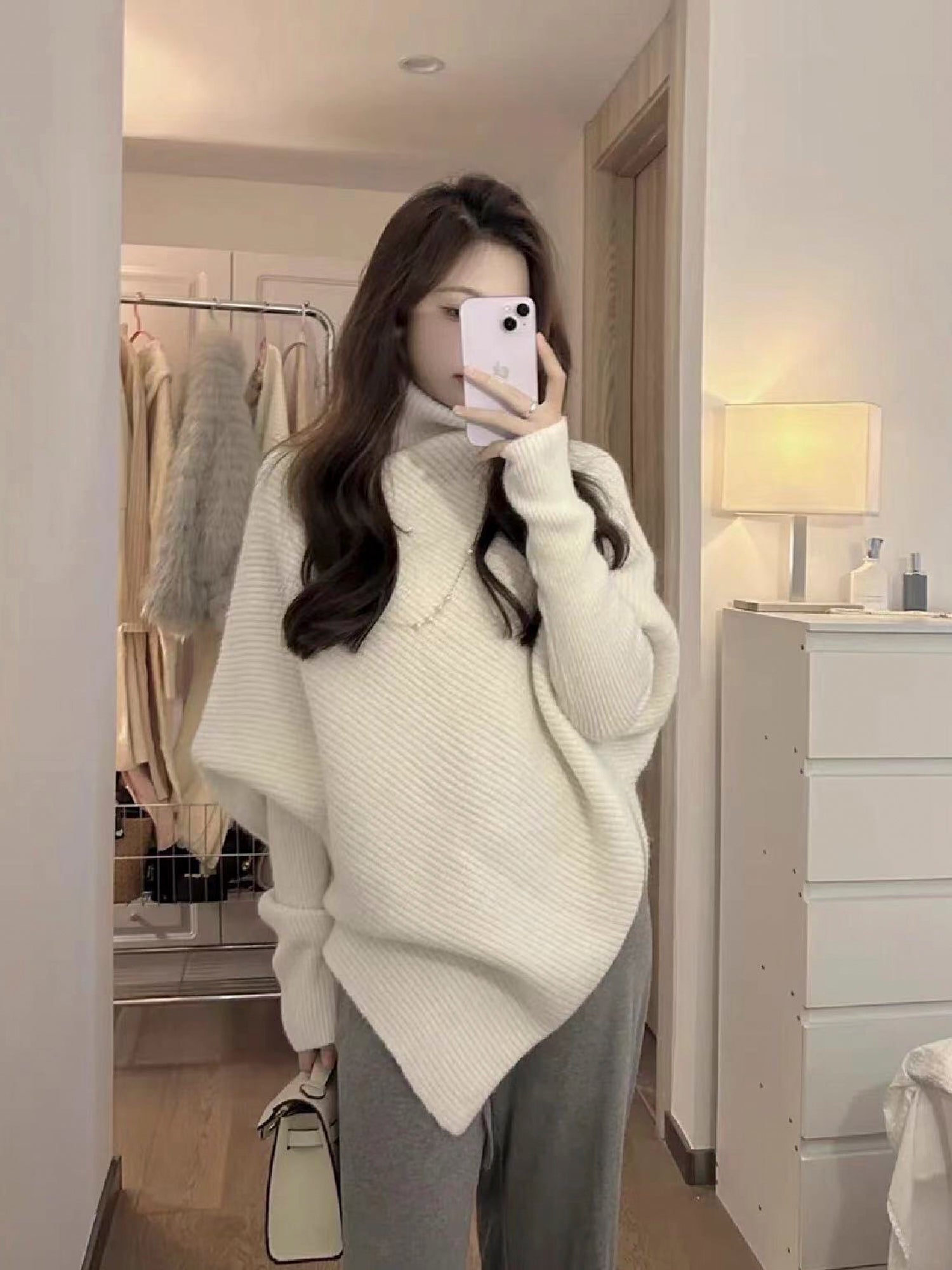 Unique Design High-Neck Long Sleeve Sweater for Women Cozy Irregular Fall/Winter Knitwear Gift for Her Christmas Gift -  - DINIBLO 