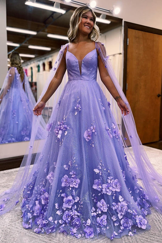 Lavender 3D Floral Lace A-Line Prom Dress with Cape Sleeves - Prom Dress - DINIBLO 