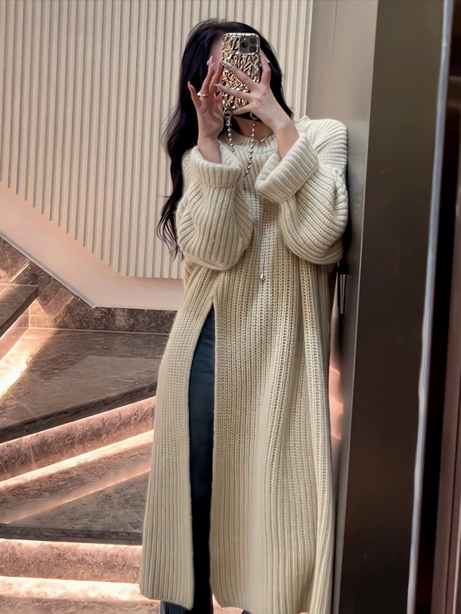 Loose Knit Sweater Dress for Women Relaxed Style - Autumn Winter New Arrival with Side Slit Design -  - DINIBLO 