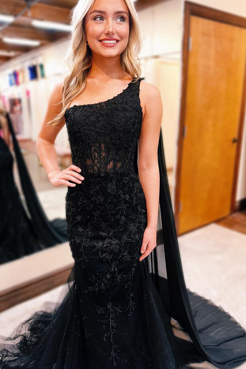 Black One Shoulder Appliques Mermaid Long Prom Dresses - Prom Dress - DINIBLO 