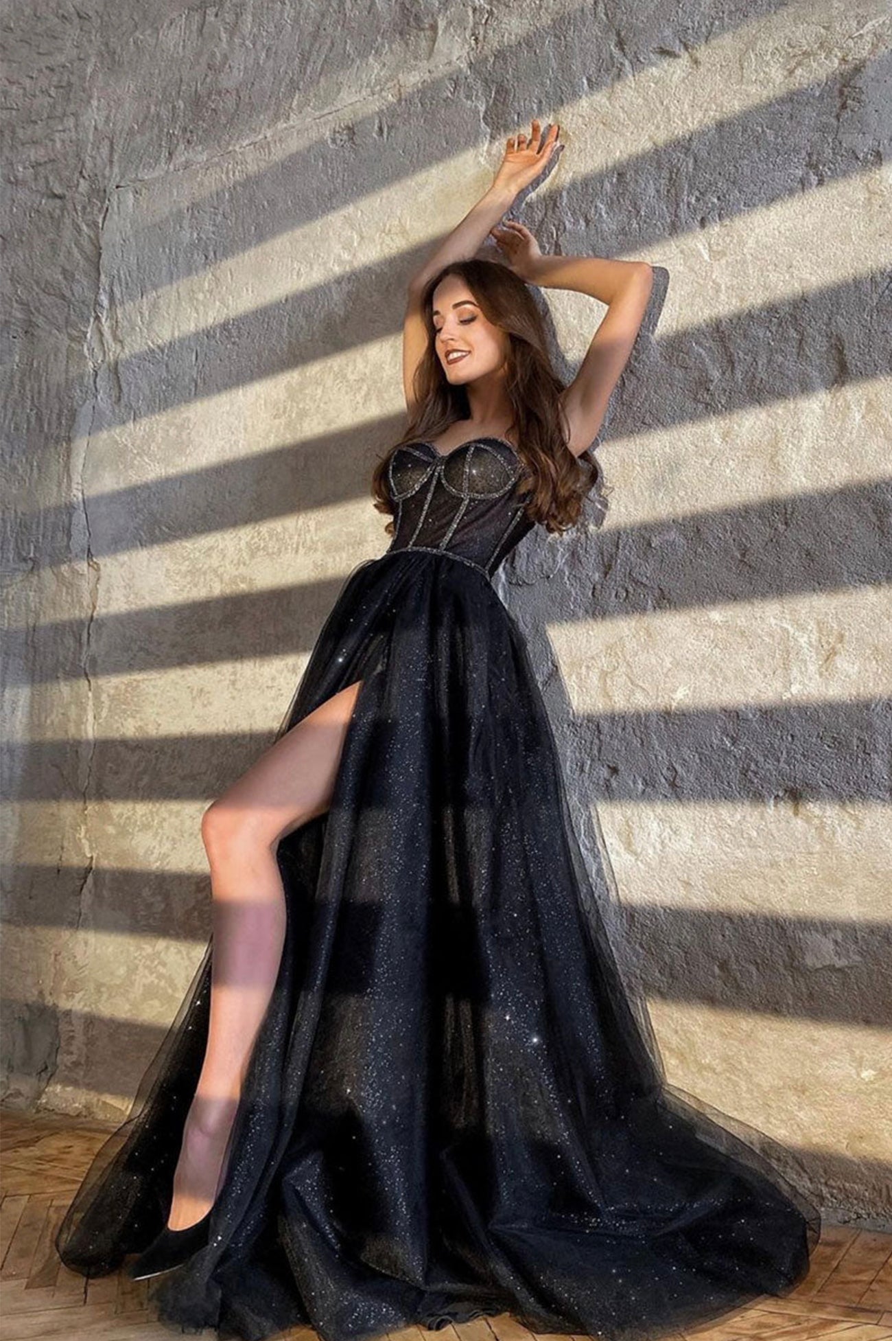 Zendaya | Black Shiny Tulle Floor Length Prom Dress Black Evening Dress with Slit - Prom Dress - DINIBLO 