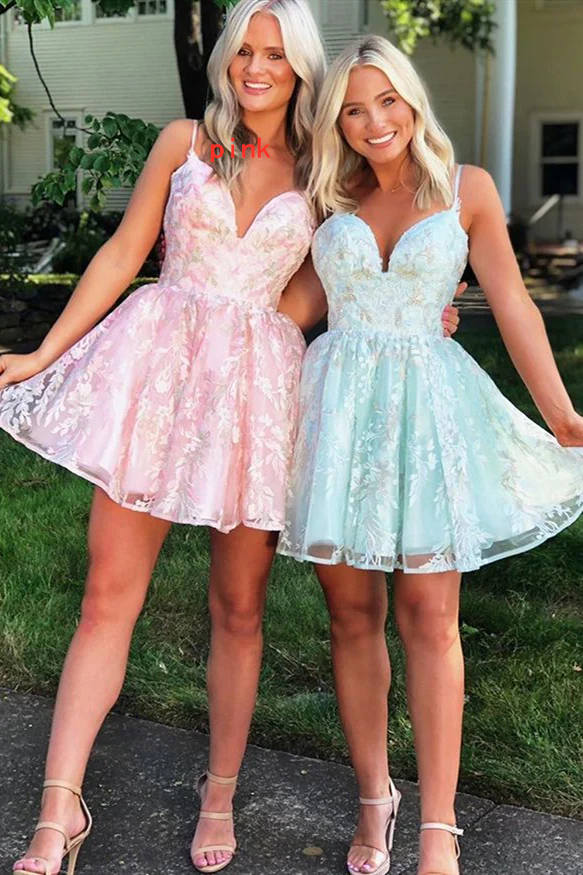 Mel |A-line Spaghetti Straps Short Lace Homecoming Dress - Homecoming Dress - DINIBLO 