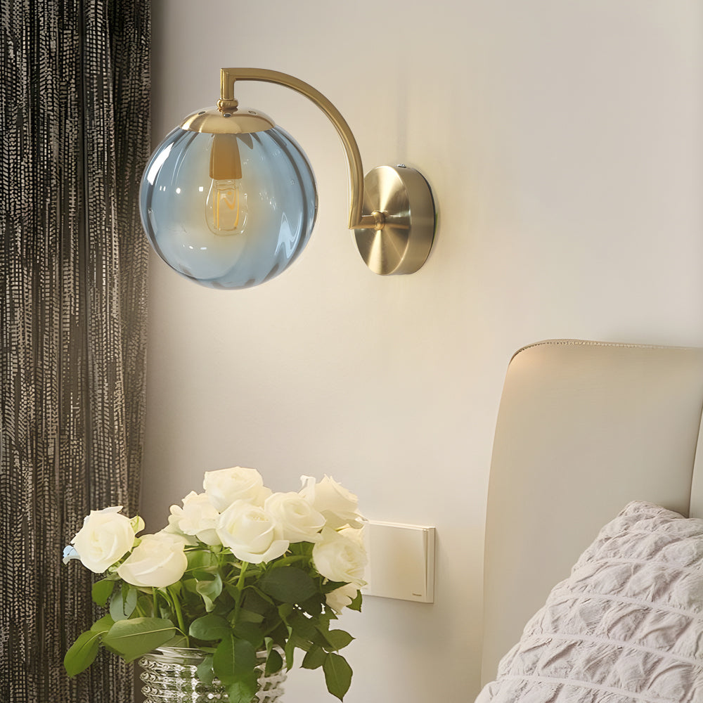 1-Light Curved Arm Wall Sconce with Ball Rib Glass Ball Shade - Lighting > Wall Lights > Wall sconces - DINIBLO 