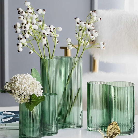 Nordic Modern Style Vertical Pattern Transparent Green Glass Flower Vases - Home Decor > Home Accessories > Vases - DINIBLO 