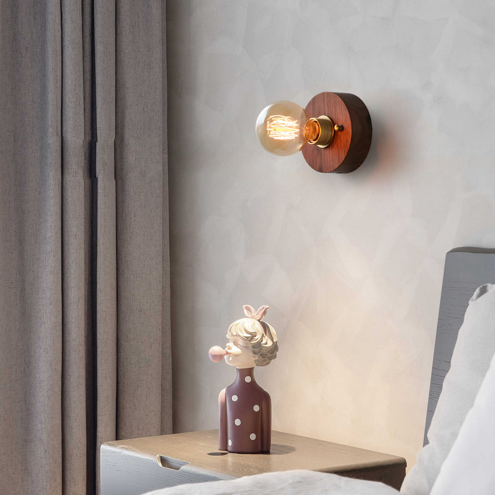 Round/Square Vintage Walnut Wood Wall Lamp 1-light with Pull Chain Switch - Lighting > Wall Lights > Wall sconces - DINIBLO 