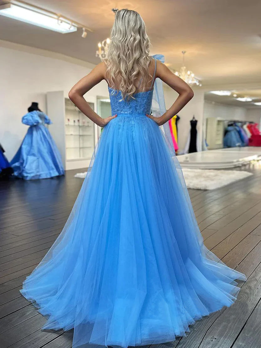 Ximena | Cute A Line One Shoulder Blue Tulle Prom Dress with Appliques - Prom Dress - DINIBLO 