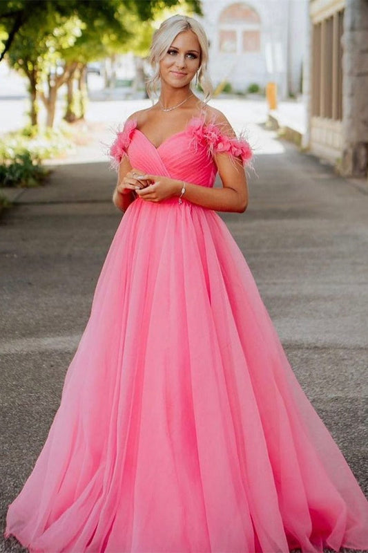 Off the shoulder Coral Long Prom Dress - Prom Dresses - DINIBLO 