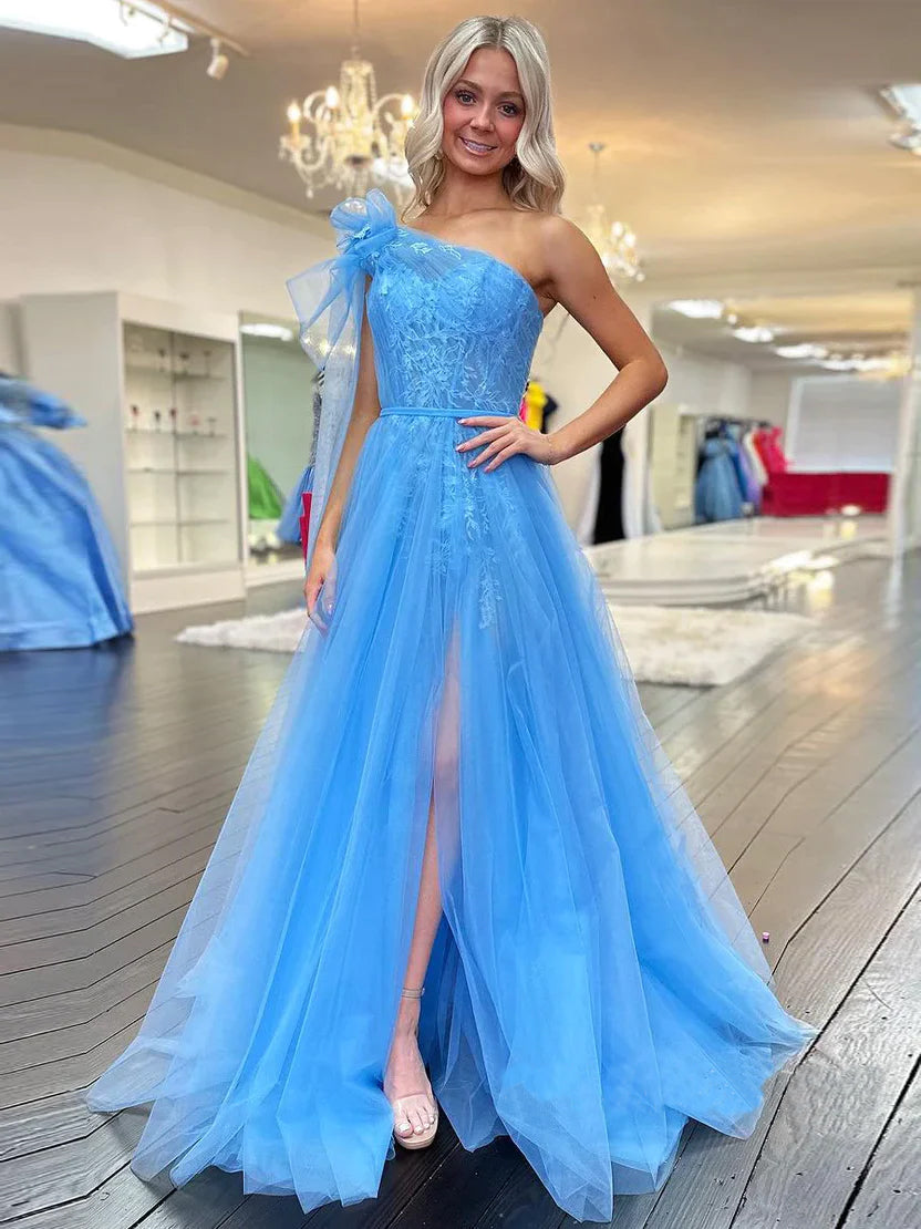 Ximena | Cute A Line One Shoulder Blue Tulle Prom Dress with Appliques - Prom Dress - DINIBLO 