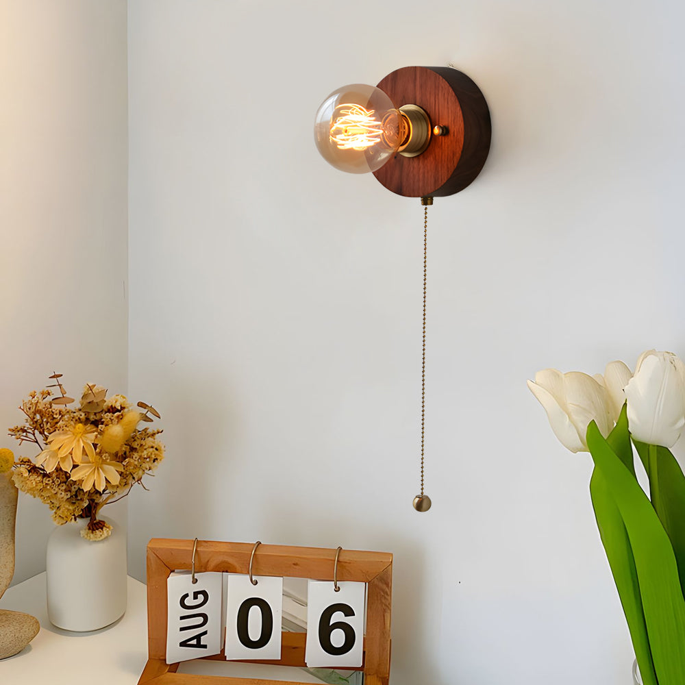 Round/Square Vintage Walnut Wood Wall Lamp 1-light with Pull Chain Switch - Lighting > Wall Lights > Wall sconces - DINIBLO 