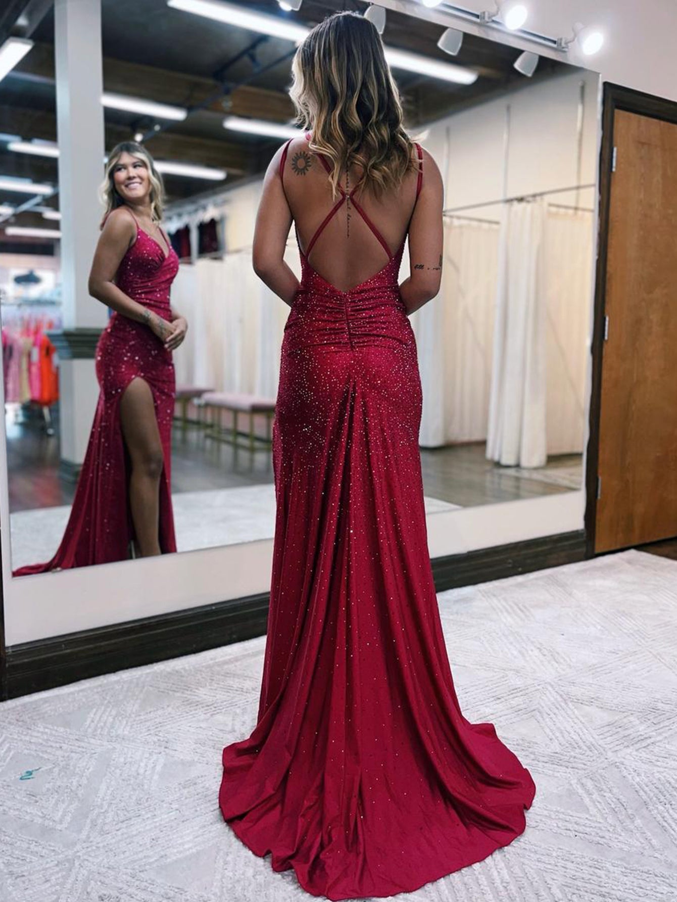 Kaylani |Mermaid V Neck Glitter Jersey Long Prom Dress with Slit - Prom Dress - DINIBLO 