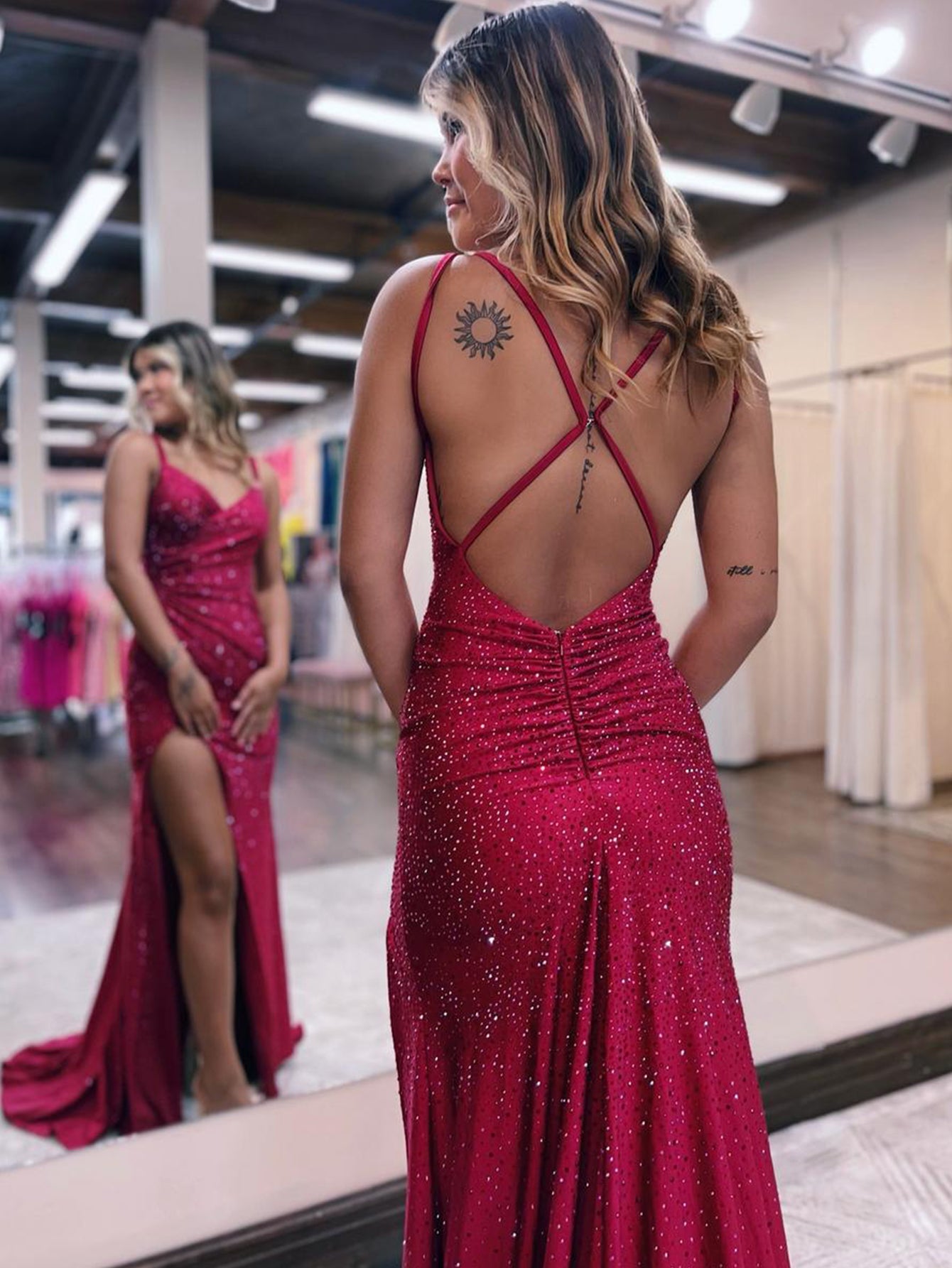 Kaylani |Mermaid V Neck Glitter Jersey Long Prom Dress with Slit - Prom Dress - DINIBLO 