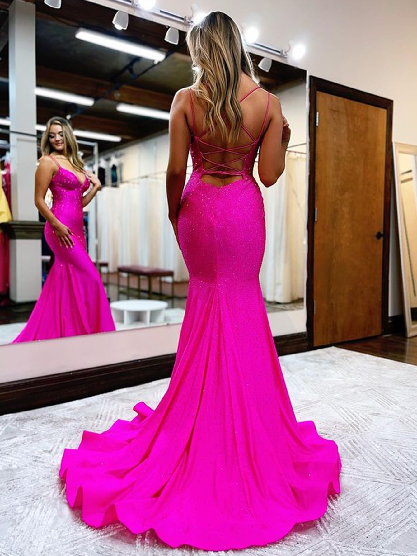 Lilly |Sparkly Mermaid V Neck Beaded Satin Long Prom Dress - Prom Dress - DINIBLO 