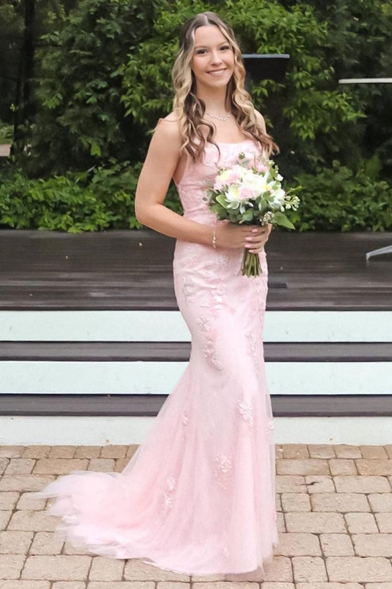 Pink Straps Mermaid Long Prom Dress with Appliques - Prom Dresses - DINIBLO 