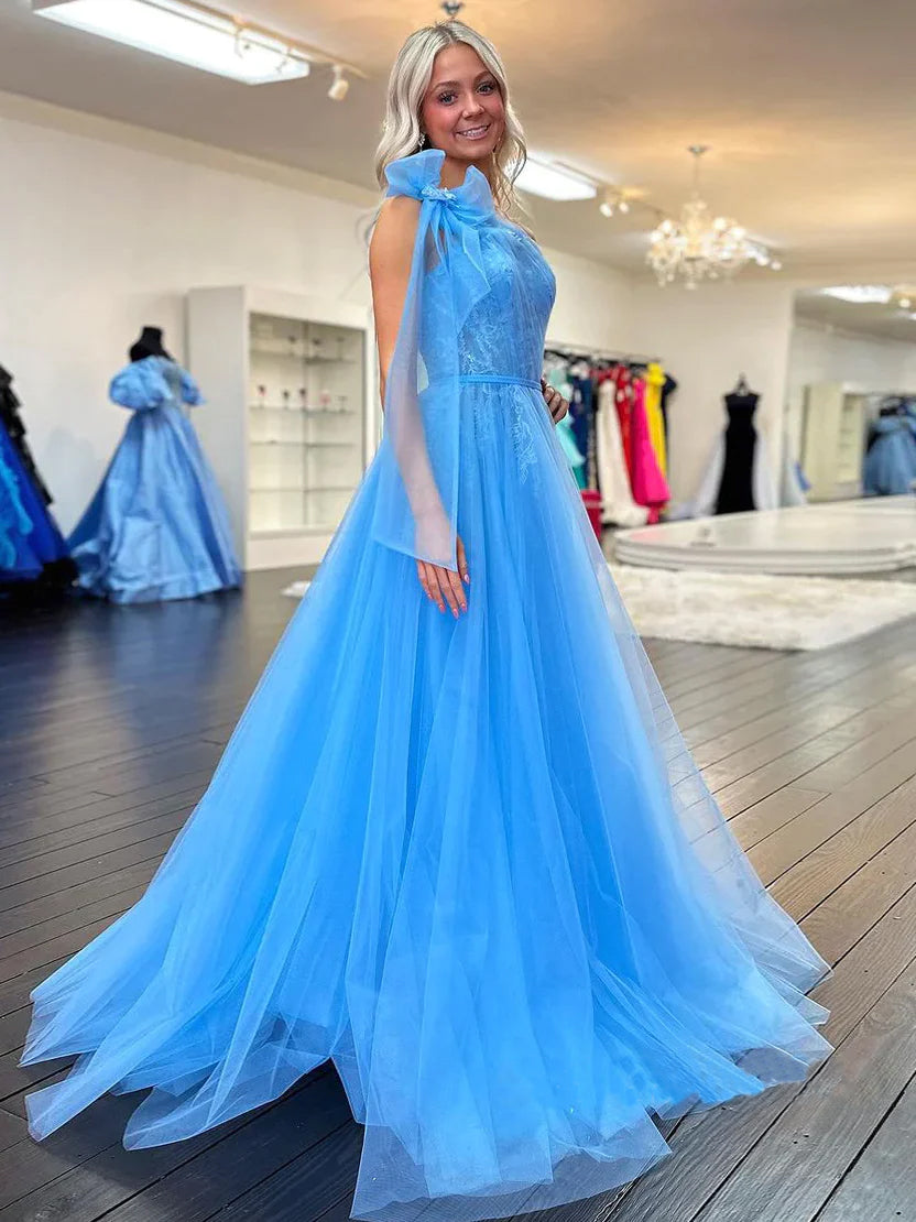 Ximena | Cute A Line One Shoulder Blue Tulle Prom Dress with Appliques - Prom Dress - DINIBLO 