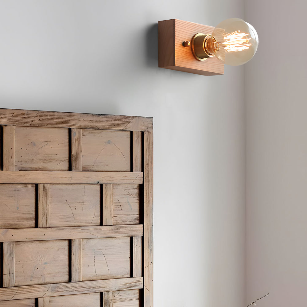 Round/Square Vintage Walnut Wood Wall Lamp 1-light with Pull Chain Switch - Lighting > Wall Lights > Wall sconces - DINIBLO 