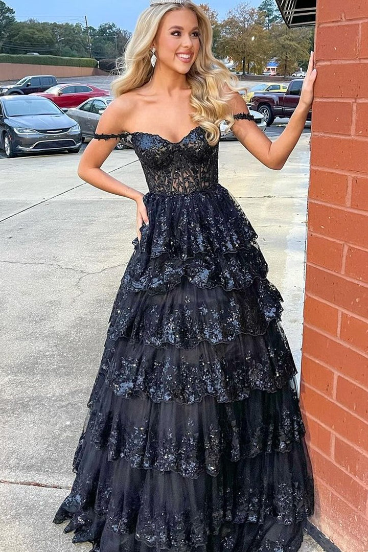 Leona |Princess Off the Shoulder Sequined Lace Prom Dress - Prom Dress - DINIBLO 