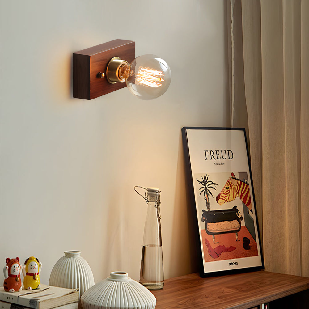 Round/Square Vintage Walnut Wood Wall Lamp 1-light with Pull Chain Switch - Lighting > Wall Lights > Wall sconces - DINIBLO 