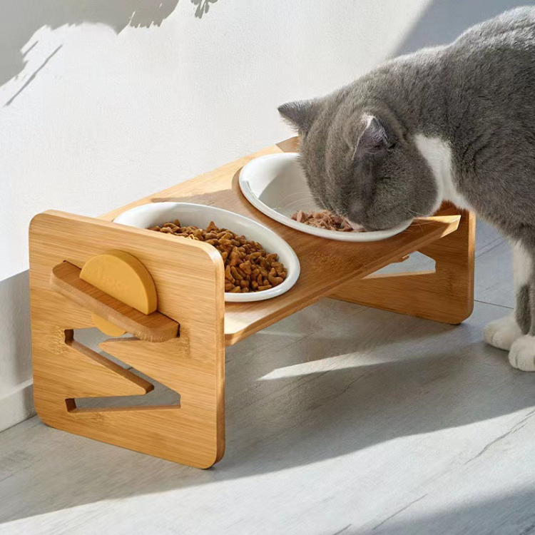 Pet Cat Treats Bowl Waterer Feeder Wooden Adjustable - Pet Bowls, Feeders & Waterers - DINIBLO 