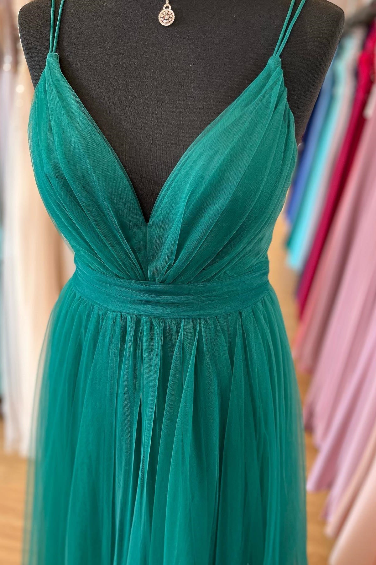 Ada | Hunter Green A-line Plunging V Neck Double Straps Pleated Long Prom Dress - Prom Dress - DINIBLO 