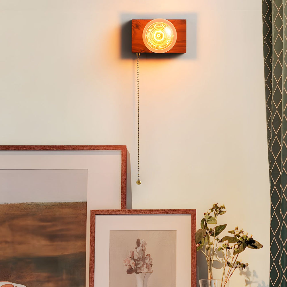 Round/Square Vintage Walnut Wood Wall Lamp 1-light with Pull Chain Switch - Lighting > Wall Lights > Wall sconces - DINIBLO 