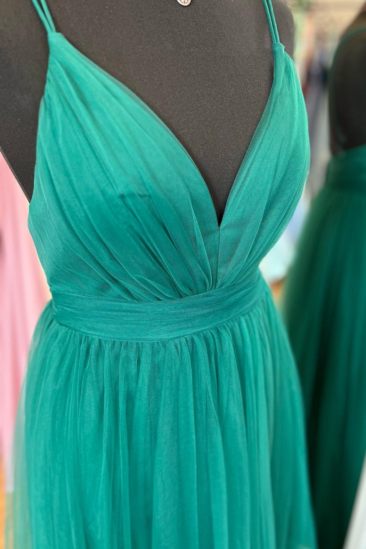 Ada | Hunter Green A-line Plunging V Neck Double Straps Pleated Long Prom Dress - Prom Dress - DINIBLO 